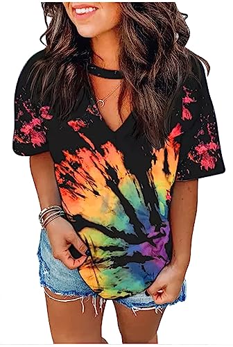 Sexy V Neck T Shirts for Women Tie Dye Hollow Out Blouse Tops Summer Loose Casual Shirt Country Music Graphic Tee Shirts (XXL, Rainbow)