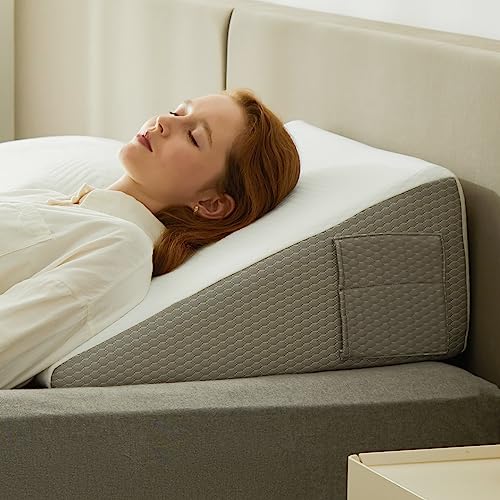 Bedluxe Wedge Pillow for Sleeping, 12 inch Elevated Support Bed Wedge Pillow, Breathable Triangle Pillow Wedge with Cooling Memory Foam Top - Removable Washable Cover, White/Grey