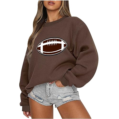 zip up hoodies for women prime big deal days Women Football Sweatshirt Long Sleeve Round Neck Oversized Pullover Hoodies Slim Fit Tunic Trendy Fall Outfit Y2K Clothes Brown L