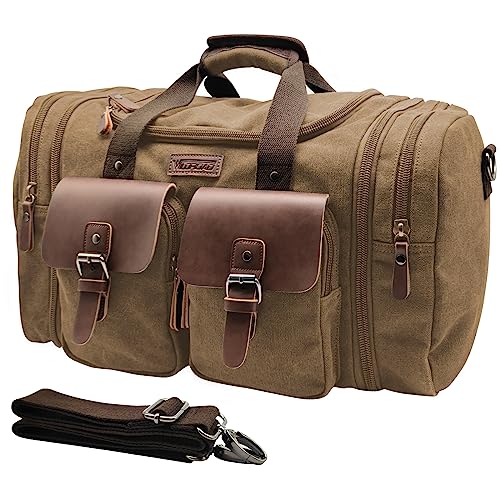 Wildroad 50L Travel Duffel Bag, Expandable Canvas Genuine Leather Duffle Bag Upgraded Overnight Weekender Bag Carry on Bag