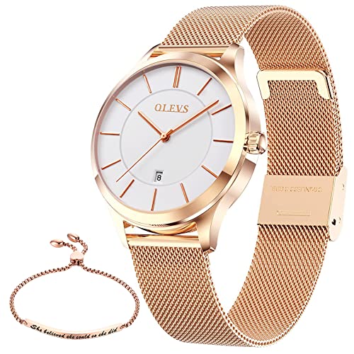OLEVS Womens Minimalist Watch Set with Bracelet Gifts Rose Gold for Lady Female Simple Slim Thin Casual Dress Analog Date Wrist Watches Waterproof Two Tone
