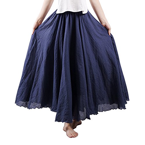 OCHENTA Women's Casual Cotton Long Maxi Skirt Flowy Boho for Summer Beach Goth Fairy Weekend Skirts Navy Blue 105CM