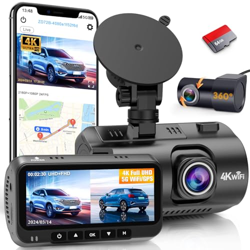 Smart Dash Cam GPS APP: 4K 2160P USB Easy Install 5G WiFi Front Rear Car Camera Night Vision Loop Recording 3.16’’ Screen Mini Dashcams 64GB Card 24H Parking Monitor 170°Wide View DoHonest ZD72