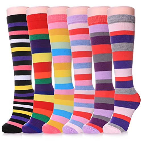 LINEMIN 3-12 Years Girls Knee High Socks Kids Cartoon Animal Warm Cotton Long Tall Boot Socks 6 Pairs (Classic Color Stripe)