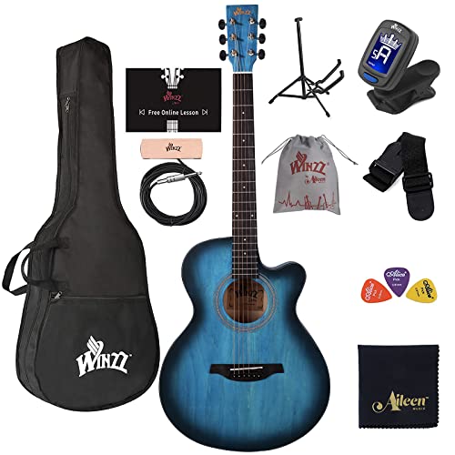 WINZZ HAND RUBBED Series - 40 Inches Cutaway Acoustic Guitar Beginner Starter Bundle with Online Lessons, Padded Bag, Stand, Tuner, Pickup, Strap, Picks, Royal Blue