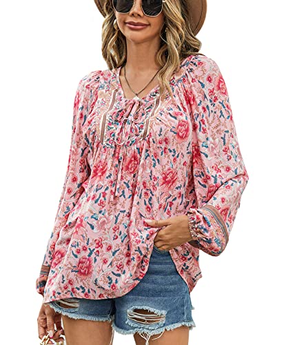 Vogebund Casual Floral Print Bohemian Tunic Tops for Women Beach Shirt Flowy V-Neck Long Sleeve Loose Blouses Pink