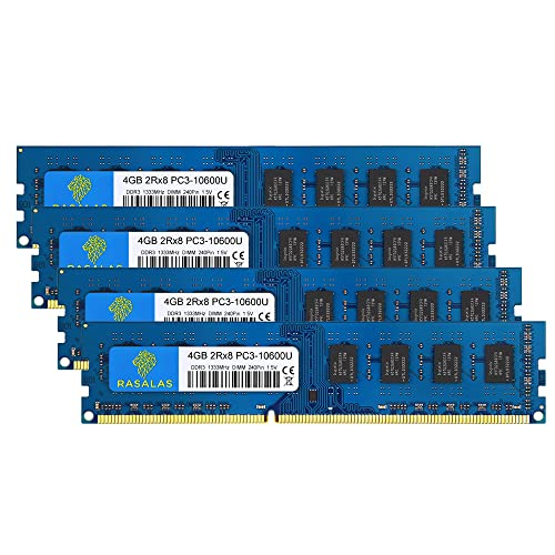 Rasalas 16GB Kit (4x4GB) DDR3 1333MHz PC3-10600 PC3-10600U Non ECC Unbuffered 1.5V CL9 2RX8 Dual Rank 240 Pin UDIMM Desktop Memory Ram Module