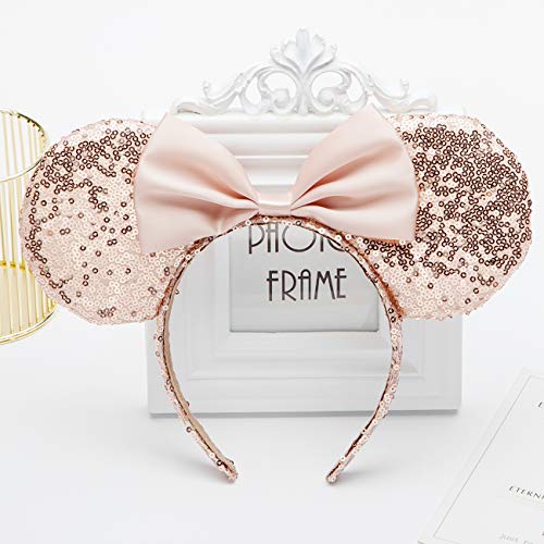 Seamoy Rose Gold Minnie Ears Headband,Sequin Gold Mouse Ears Bow Headband, Mice Ears, Princess Headwear for Girls Women Adult Kids Birthday Party(Gold)