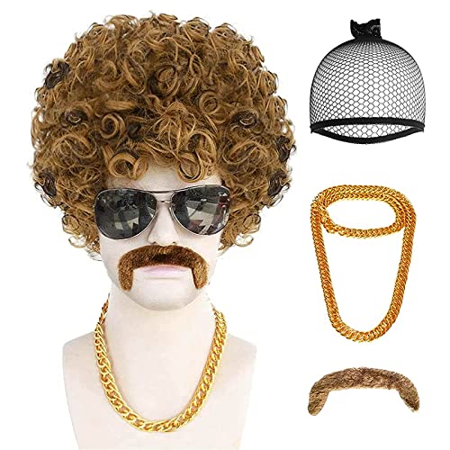 Anogol 4Pcs Wig Cap+Mustache+Necklace Afro Wig Men Brown Curly Wig 80S 70S Wigs for Men Disco Costume Short Black Brown Wigs for Disco Outfit Men Party Rocker Cosplay Set Synthetic Wig for Party