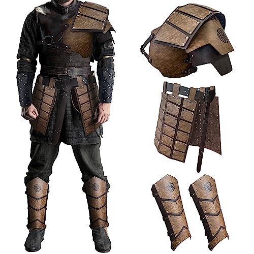 HiiFeuer Medieval Faux Leather Single Pauldron Shoulder Armor with Thigh Armor and Leg Armor for LARP Ren Faire