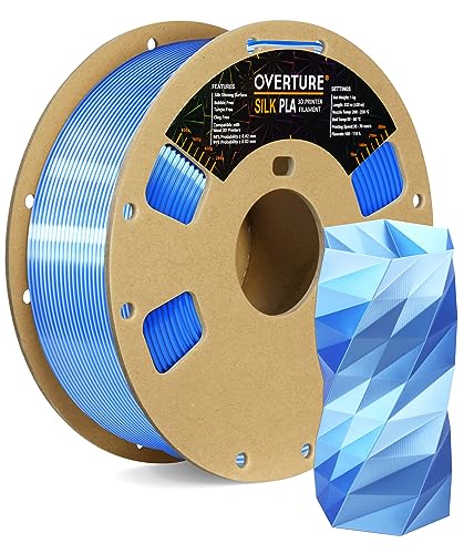 OVERTURE Silk PLA 1.75mm Dual Color Filament, Clog-Free Shiny 3D Printer Filament, 1kg Spool(2.2lbs), Dimensional Accuracy +/- 0.02 mm, Fit Most FDM Printer(Silk Blue-Silver)