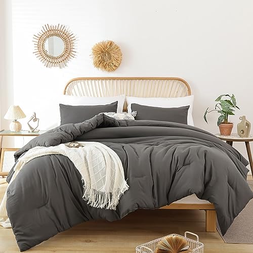 ROSGONIA Queen Comforter Set Charcoal Grey, 3pcs (1 Boho Dark Gray Comforter & 2 Pillowcases) All Season Soft Bedding Lightweight Bedspread Blanket Quilt