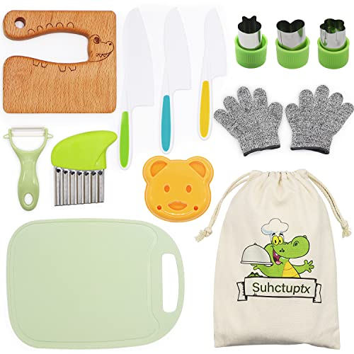 Suhctuptx 14 Pieces Wooden Kids Kitchen Knife Set with Gloves Cutting Board Fruit Vegetable Crinkle Cutters Serrated Edges Plastic Toddler Knifes for Real Cooking Kid Safe Knives - Crocodile