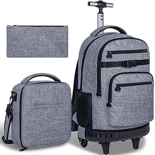 TXHVO 3PCS Rolling Backpack for Men, 19 Inches Travel Roller Bookbag with Wheels, Teen Boys College Backpacks Wheeled - Grey