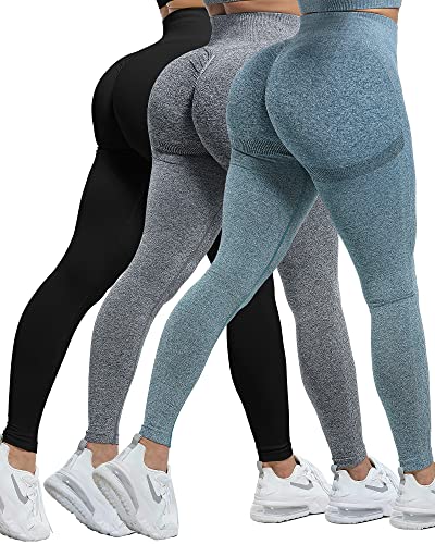 CHRLEISURE 3 Piece Workout Leggings Sets for Women, Gym Scrunch Butt Butt Lifting Seamless Leggings (Black, DGray, Blue, L)-1