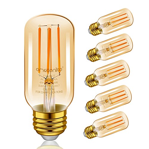Emotionlite LED Light Bulbs, E26 Dimmable Vintage Edison Tubular Bulb, 40W Equivalent, Amber Yellowish, 4W, 2200K, 300LM, Medium Base, UL Listed, 6 Pack