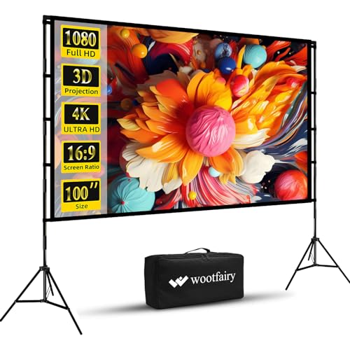Projector Screen with Stand, Wootfairy 100 inch Foldable and Portable Projection Screen 16:9 4K HD Rear Front Wrinkle-Free Movie Screen with Carry Bag for Indoor Outdoor Home Theater Backyard Cinema