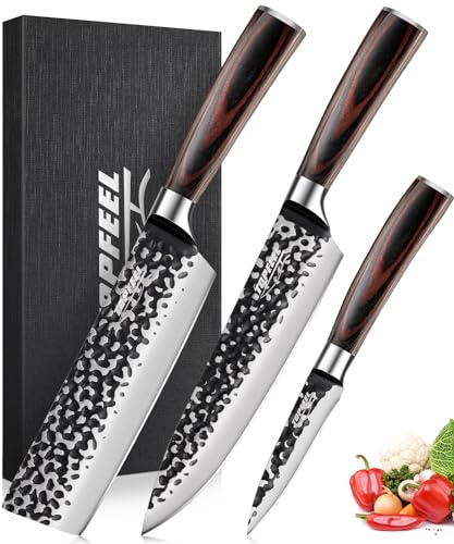 Topfeel 3PCS Professional Kitchen Knife Set Forged Hammered Japanese Chef Knife Sharp German High Carbon Stainless Steel 8 inch Chef's Knife 7 inch Nakiri Knife 5 inch Utility Knife