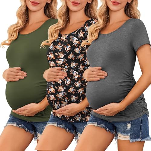 Ekouaer Womens Maternity T Shirts 3 Packs Short Sleeve Pregnancy Blouses Tee for Mama Clothes Black/Army Green/Dark Grey S