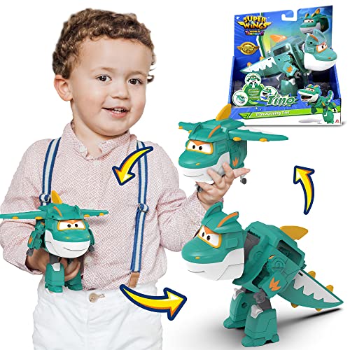 Super Wings - 5' Transforming Tino Dinosaur Airplane Robot Toys Action Figure, Season 6 New Character, Plane & Robot to Dinosaur in 10 Steps, Dinosaur Toy for Preschool Play