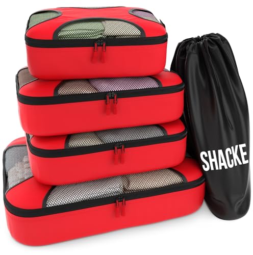 Shacke Pak - 5 Set Packing Cubes - Travel Organizers with Laundry Bag (Warm Red)