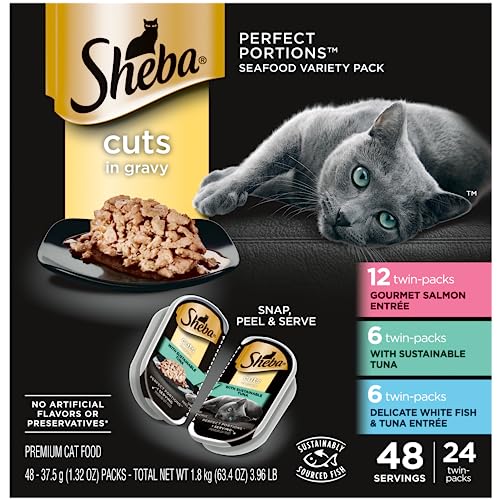 SHEBA PERFECT PORTIONS Cuts in Gravy Adult Wet Cat Food Trays (24 Count, 48 Servings), Gourmet Salmon, Sustainable Tuna, And Delicate Whitefish & Tuna Entrée, Easy Peel Twin-Pack