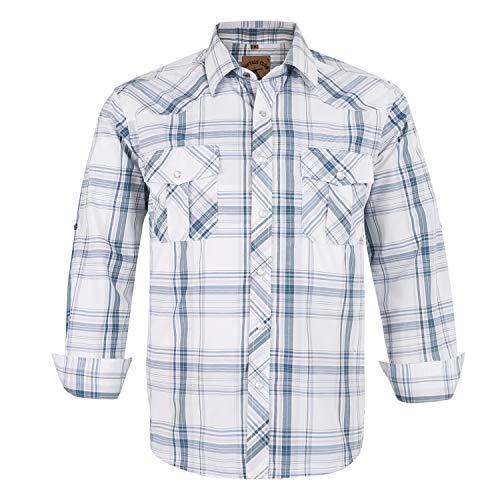 COEVALS CLUB Men's Western Cowboy Long Sleeve Pearl Snap Casual Plaid Work Shirts (White Plaid #28 M)