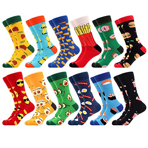 WeciBor Men's Funny Food Pattern Donuts Avocado Novelty Crazy Combed Cotton Crew Socks - 12 Pack - Size 10-13