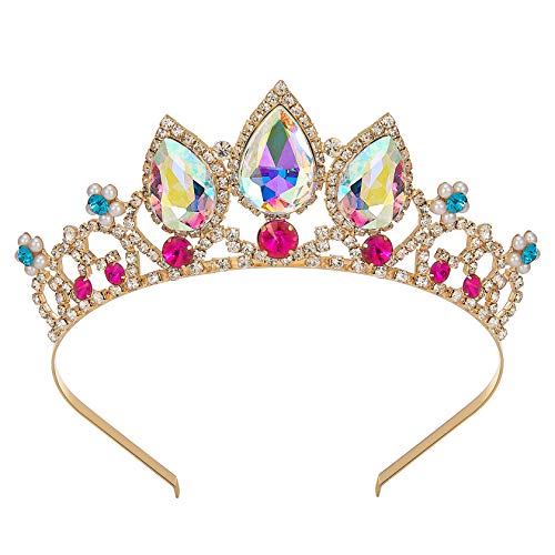 SWEETV Rapunzel Tiara for Girls Birthday and Costume, Aurora Borealis Crystal Princess Tangled Crown Headband for Kids Cosplay, Wedding Hair Accessories for Flower Girls