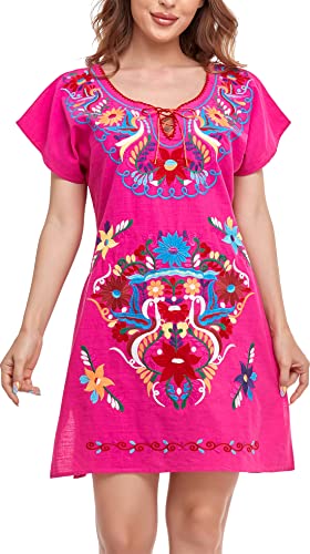 YZXDORWJ Women Mexican Embroidered Fiesta Dress V Neck Dress Short Sleeve (XL, 27MR)