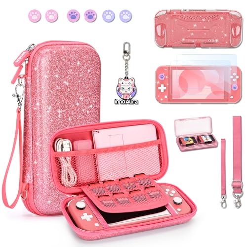 innoAura Switch Lite Case, Switch Lite Accessories Kit with Shiny Switch Lite Carrying Case, Switch Lite Protective Case, Switch Lite Screen Protector, Cute Thumb Caps (Sequins Pink)
