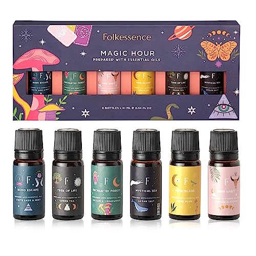 Folkulture Essential Oil Set for Diffuser, Set of 6, Aromatherapy Diffuser Oil Scents for Home - White Sage Balsam Cedarwood Orange Green Tea Ocean Salt Rose (Magic Hour)