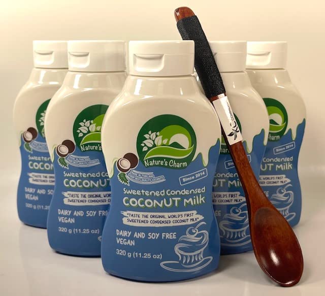 Nature's Charm Sweetened Condensed Coconut Milk, NEW Squeeze Bottle , Dairy and Soy FREE, Vegan, Lactose FREE, Gluten FREE. Rich Coconut Flavor, Good Soure of Calcum-11.25 Ounce (Pack of 2) Combo With FREE KC Commerce Wooden Spoon (2)