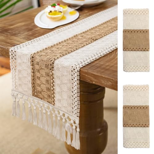 2 Pack Macrame Table Runner Farmhouse Style - 72 Inches Christmas Table Runner Splicing Woven Table Runner with Tassel Beige Farmhouse Fall Decor for Bohemian Rustic Wedding Decor Bridal Shower