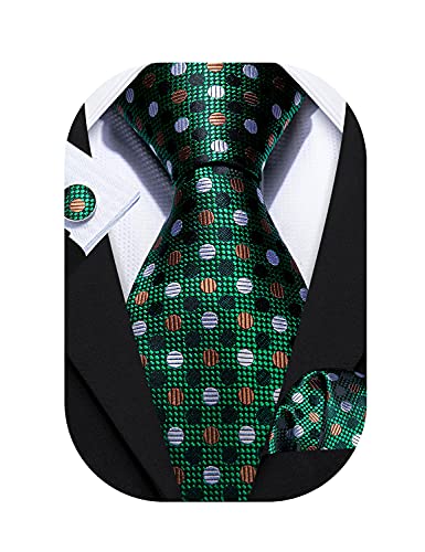 Barry.Wang Classic Emerald Green Men's Tie Set Polka Dot Handkerchief Cufflinks Fashion Neckties Engagement Business