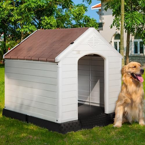 PUKAMI Plastic Dog House Outdoor Indoor,Durable Dog House for Small Medium Large Dogs,Waterproof Dog Houses with Elevated Floor and Air Vents,Ventilate & Easy Clean and Assemble (Brown, 42inch)