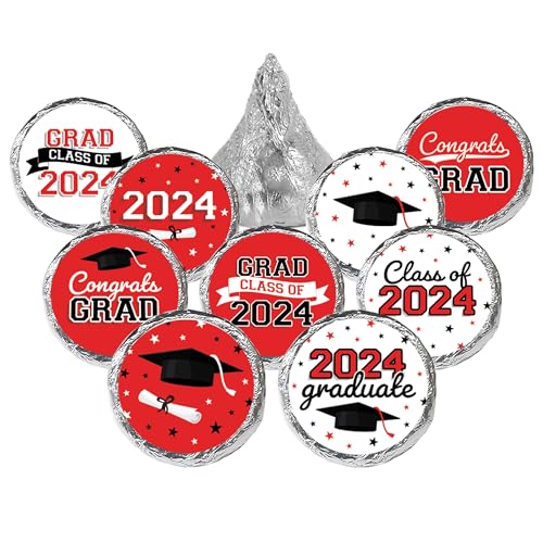 Graduation Stickers for Chocolate Kisses Candy - Class of 2024 Stickers - Graduation Party Decorations - 180 Count (Red and White)