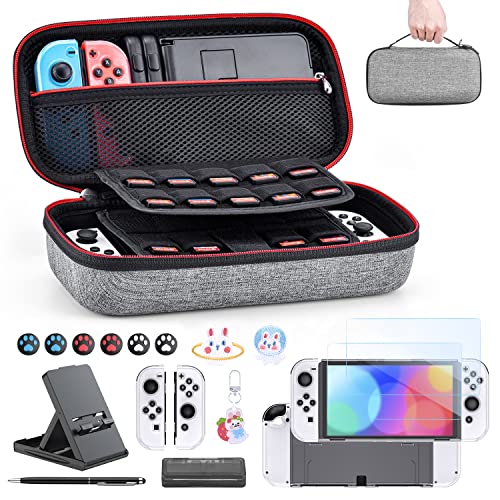 Switch OLED Accessories Bundle- innoAura 18 in 1 Switch Bundle with Switch Case, Switch Game Case, Switch OLED Screen Protector, Switch Stand, Switch Thumb Grips (Gray)