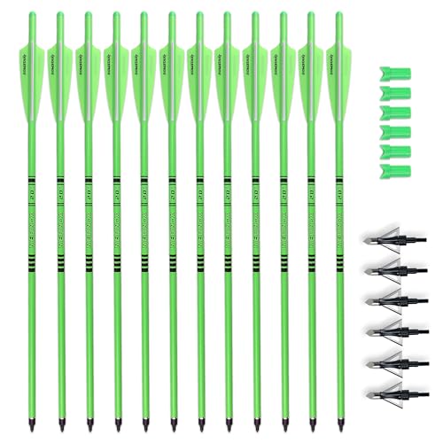 BOWSOUL Crossbow Bolts 20inch Fluorescence Color Carbon Crossbow Hunting Arrows with 4' Vanes and Replaced Arrowhead/Tip (12 Pack) (Fluorescein Green&Broadhead)