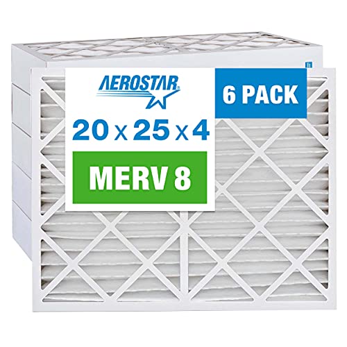 Aerostar 20x25x4 MERV 8 Pleated Air Filter, AC Furnace Air Filter, 6 Pack (Actual Size: 19 1/2'x24 1/2'x3 3/4'), White