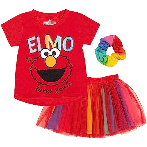Sesame Street Elmo Toddler Girls Graphic T-Shirt Mesh Skirt and Scrunchie 3 Piece Outfit Set Red/Rainbow 2T