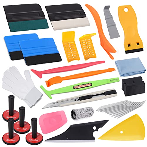 Pro Vinyl Wraps Applicator Tool Kit Window Tint Film Car Wrapping Tools Includes Felt Squeegees, Plastic Scraper, Wrap Knife and Blades, Magnetic Holders, Cleaning Cloth, Gloves and Finger Sleeve