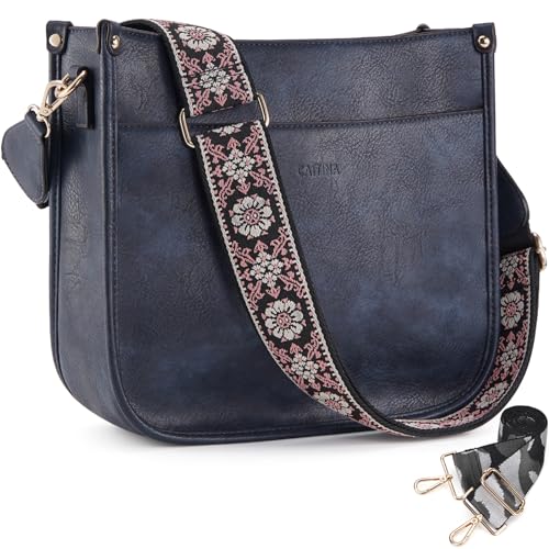 Caitina Crossbody Bags For Women Vegan Leather Hobo Handbags Designer Crossbody Purses Bucket Bag For Women with 2PCS Adjustable Strap(Blue Black)