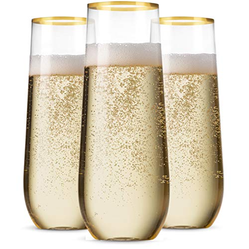 Munfix 48 Pack Stemless Plastic Champagne Flutes Disposable 9 Oz Gold Rim Clear Plastic Toasting Glasses Shatterproof Recyclable and BPA-Free