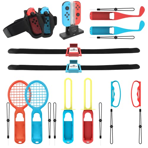 Switch Sports Accessories Bundle-16 in 1 Switch Accessories Kit for Nintendo Switch Sports Games, Golf Clubs/Wrist Dance Bands & Leg Strap/Sword Grips/Tennis Rackets/Bowling Grips/Charger Set