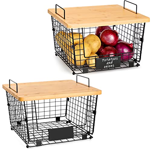2 Set Stackable Wire Basket with Bamboo Top -Kitchen Counter, Pantry Organization and Storage - Cabinet, Shelf, Countertop Space Saving Organizing - Produce, Fruit, Onion, Potato, Bread Organizer Bin