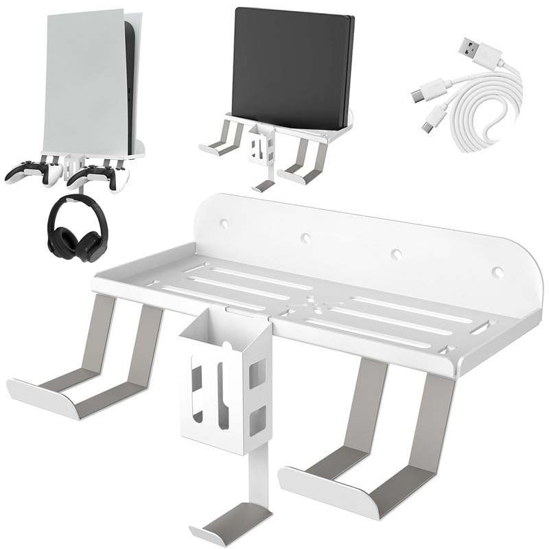SWTOTK PS5 Wall Mount Kit with 4 Detachable Holders(Controllers &Headphone &Remote Control),Solid Steel PS5 Wall Mount Work with PS5 Discs and Digitizers & PS4 Slim,with Double-headed Type-Cable,White
