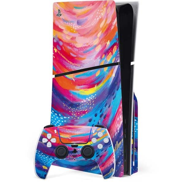 Skinit Decal Gaming Skin Compatible with PS5 Slim Disk Bundle - Officially Licensed Rainbow Wave Brush Stroke by Etta Vee Design