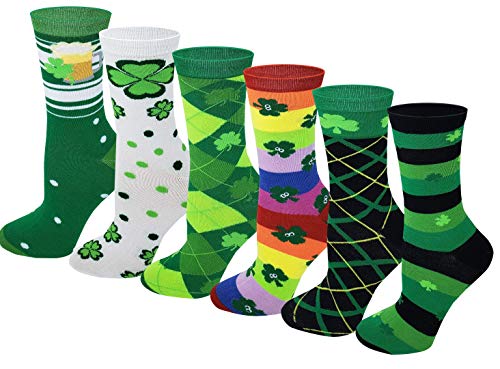 6 Pairs Novelty Design Crew Socks, Christmas Holidays Crazy Fun Colorful Fancy Design (Saint Patrick Day)