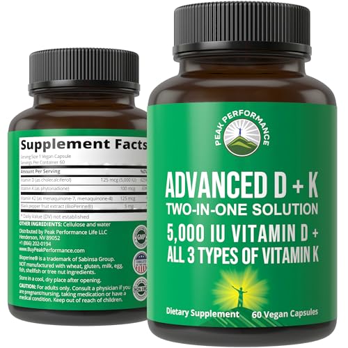 Peak Performance Advanced Vitamin D 5000 IU with All 3 Types of Vitamin K Vitamin D3 and Vitamin K2, K1, MK-7 (MK7), MK4 Supplement. 60 Small and Easy to Swallow Vegetable Pills (5000 IU)